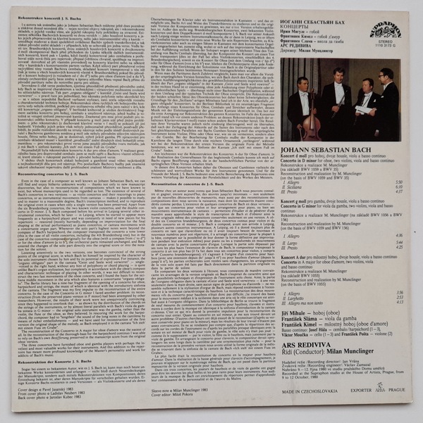 J. S. Bach / Jiří Mihule, František Kimel, František Sláma, Ars Rediviva, Milan Munclinger - Concertos - Obrázek 2